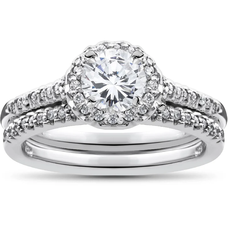 3/4ct Halo Diamond Engagement Wedding Ring Set White Gold