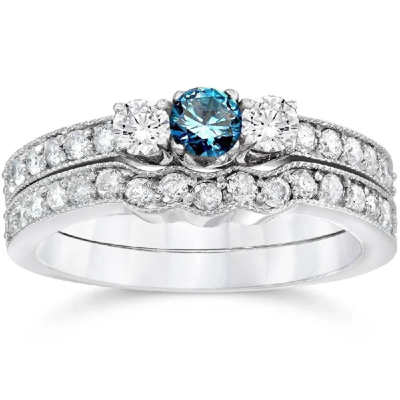 3/4ct Round Blue Diamond 3-Stone Engagement Ring Wedding Set White Gold