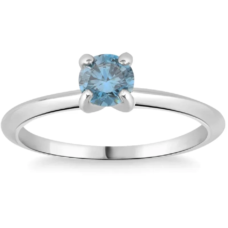 3/8Ct Round Cut Blue Diamond Solitaire Engagement Ring White or Yellow Gold