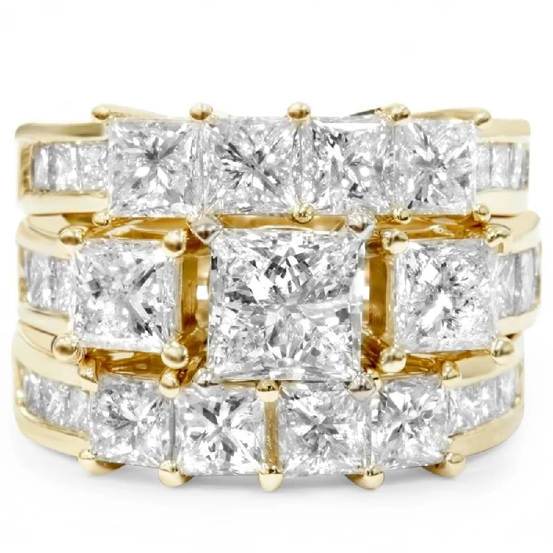 4 1/3ct Princess Cut Enhanced Diamond Engagement Guard Ring Set Yellow Gold