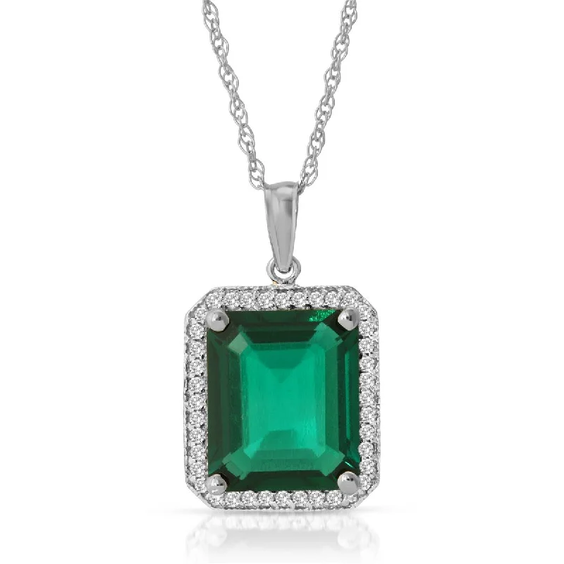 4.70 Carat Total Weight 14K Solid White Gold Emerald Halo Design Pendant Necklace Brilliant Emerald Octagon Shape Cut Natural Diamonds Round Cut Anniversary Engagement Birthday