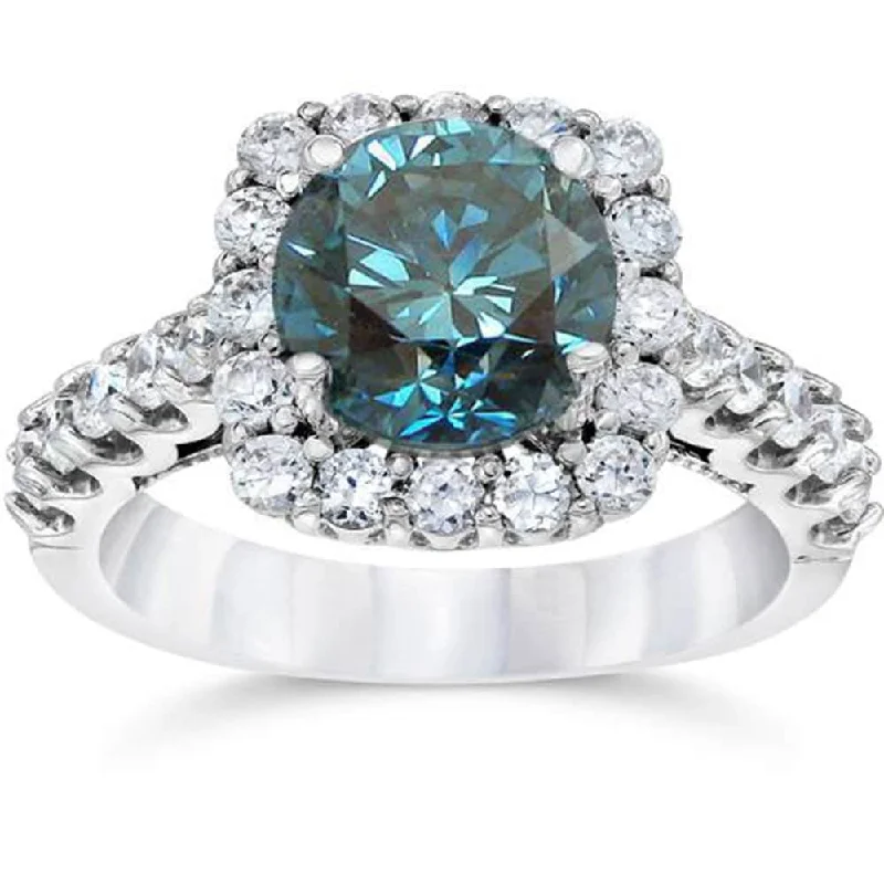 4 CT Blue Diamond Cushion Halo Engagement Ring White Gold