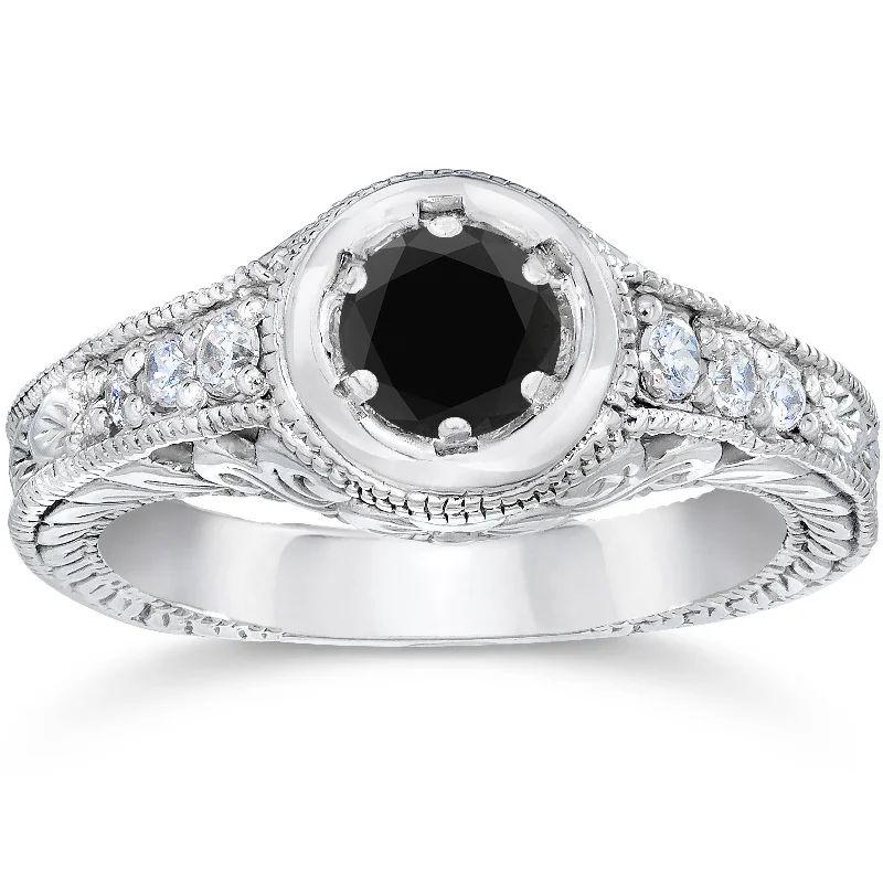 5/8ct Vintage Treated Black & White Diamond Engagement Ring White Gold