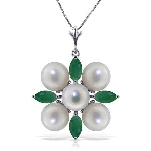 6.3 Carat 14K Solid White Gold This Is Perfect Emerald Pearl Necklace