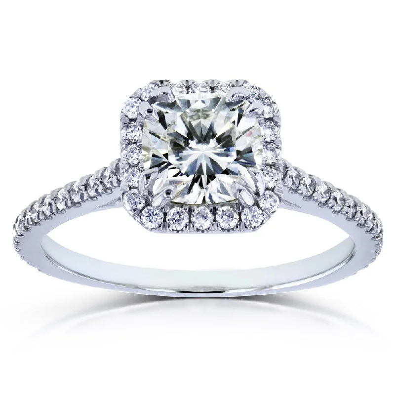 Annello by Kobelli 14k White Gold 1 2/5ct TGW Cushion Moissanite and Diamond Halo Engagement Ring