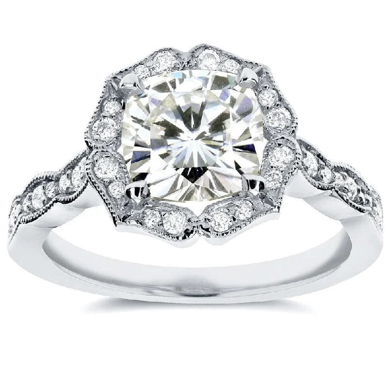 Annello by Kobelli 14k White Gold 2ct TGW Cushion-cut Moissanite and Diamond Floral Antique Engagement Ring