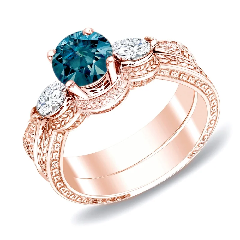 Auriya 14k Rose Gold 4/5ctw Blue Diamond 3-stone Engagement Ring Set