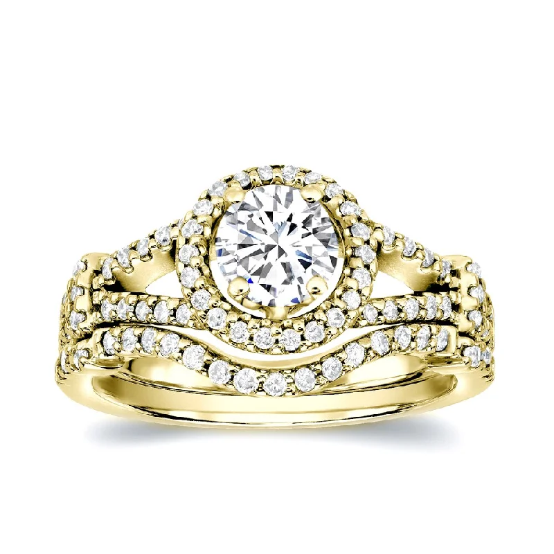 Auriya Modern 1 3/4ct TDW Round Diamond Halo Engagement Ring Set 14k Gold Certified