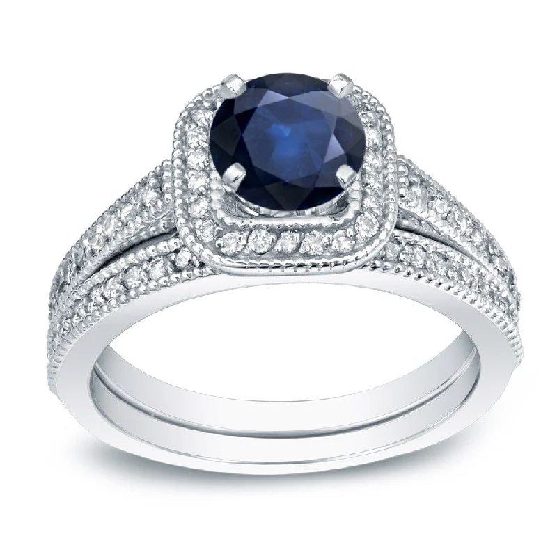 Auriya Vintage 2/5ct Blue Sapphire and 3/5ctw Halo Diamond Engagement Ring Set Platinum