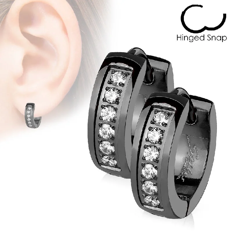 Black Jewelled Hinged Hoop/Huggie Earrings (1 pair) - E509A