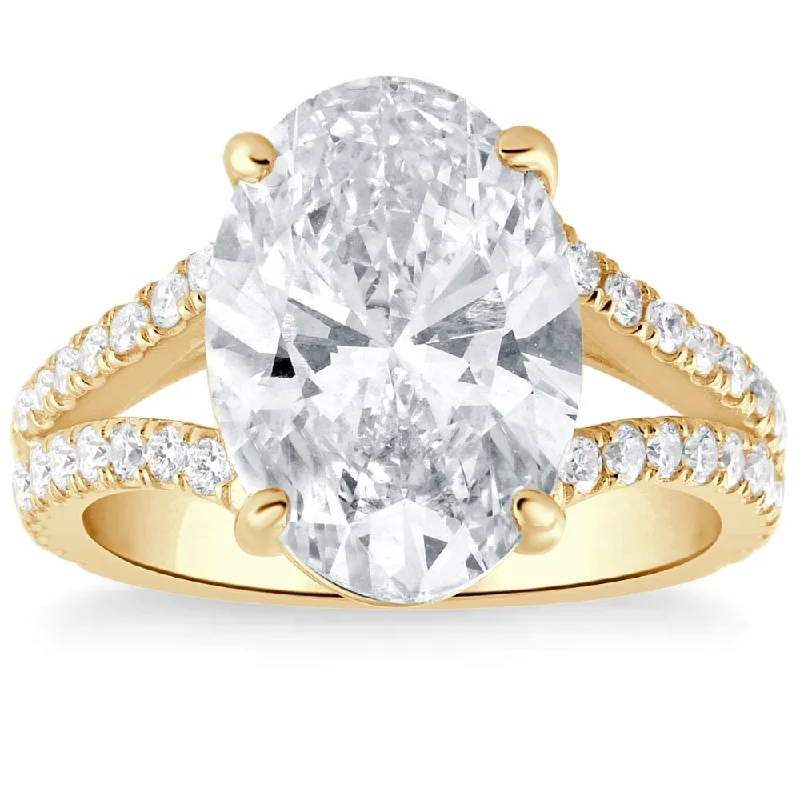 Certified 3 3/4Ct Oval Diamond Split Band Engagement Ring Yellow Gold Lab Grown