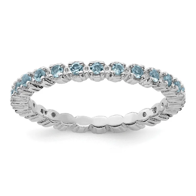 Curata 925 Sterling Silver Polished Prong set Patterned Stackable Expressions Aquamarine Ring