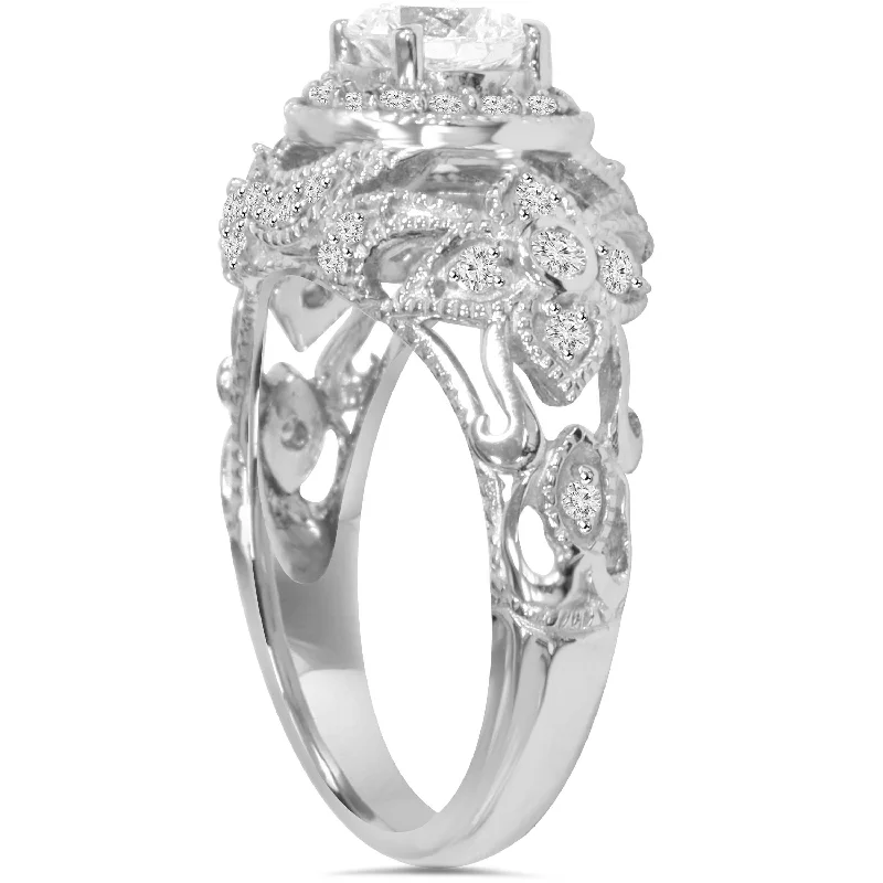 Emery 1 Ct Vintage Halo Antique Diamond Engagement White Gold