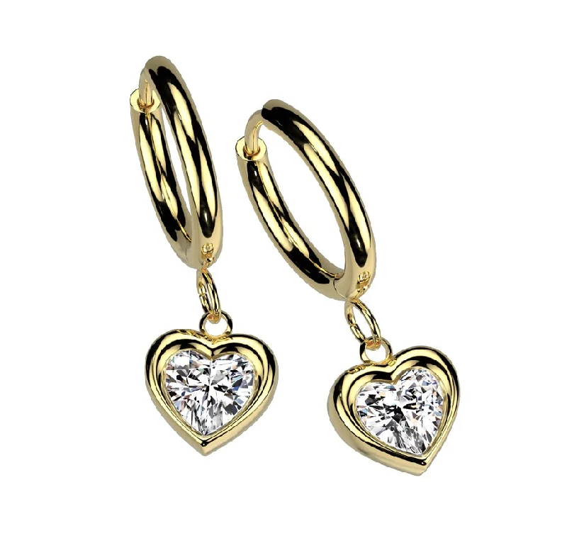 Gold Hinge Hoop Earrings with Jewelled Heart Dangle (1 pair) - ER12A