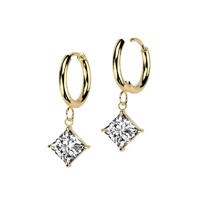 Gold Hinge Hoop Earrings with Jewelled Prong Set Diamond Dangle (1 pair) - ER11A