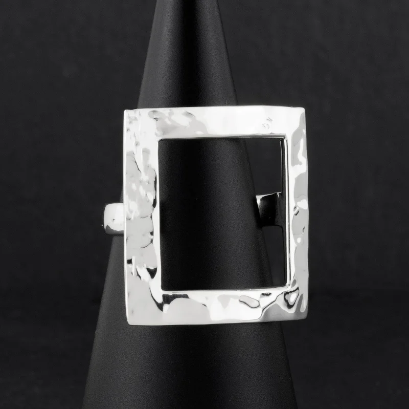 Large Hammered Silver Open Square Statement Ring