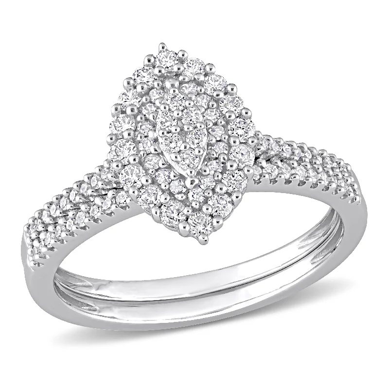 Miadora 1/2ct TW Marquise & Round Diamond Double Halo Bridal Set 10k White Gold