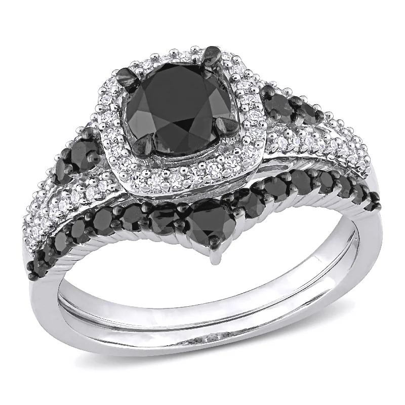 Miadora 10k White Gold with Black Rhodium 1 1/2ct TDW Black & White Diamond Halo Bridal Ring Set