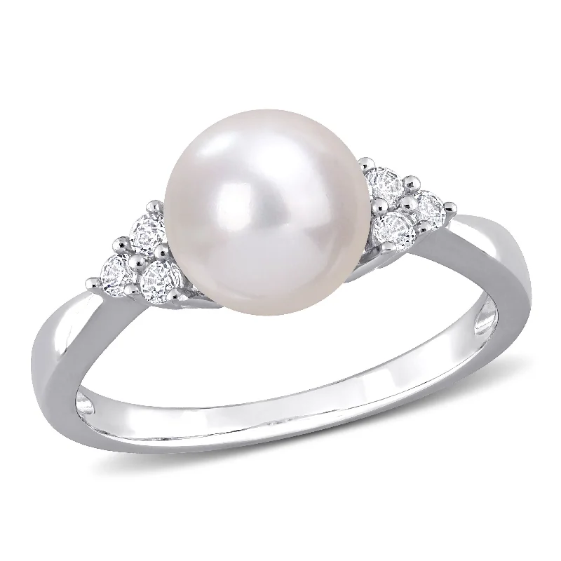 Miadora 8-8.5mm Cultured Freshwater Pearl and 1/4ct TGW White Topaz Ring in Sterling Silver