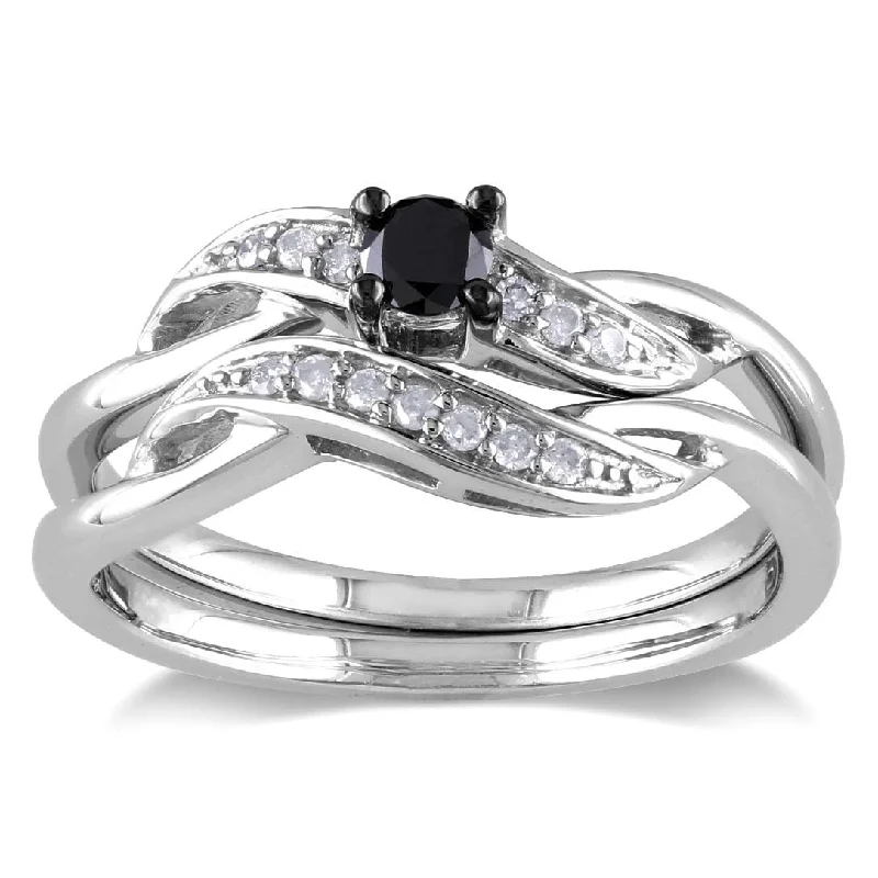 Miadora Sterling Silver 1/4ct TDW Black and White Diamond Crossover Bridal Ring Set