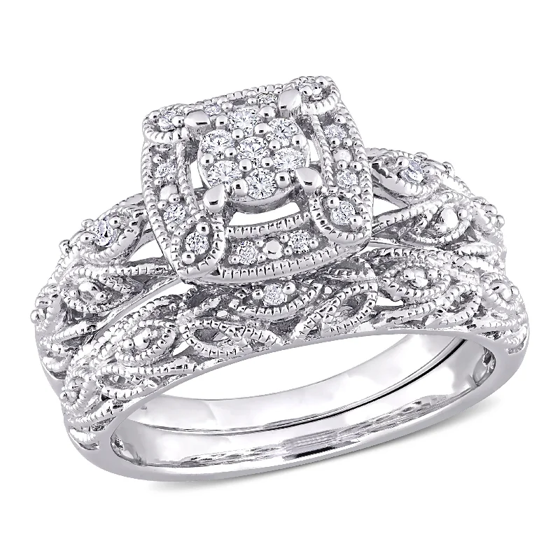 Miadora Sterling Silver 1/5ct TDW Diamond Vintage Composite Halo Bridal Ring Set