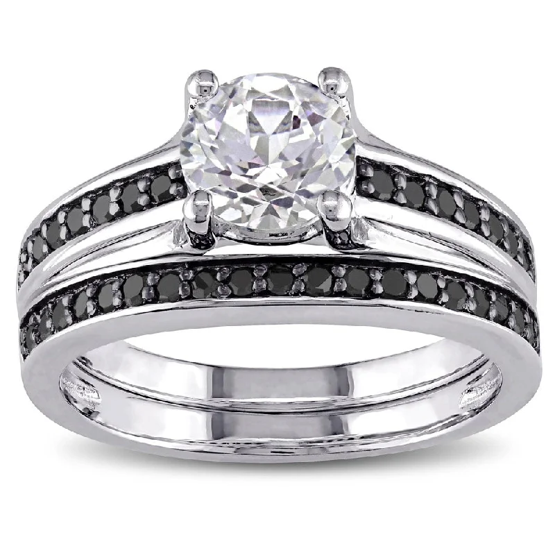 Miadora Sterling Silver Created White Sapphire and 1/3ct TDW Black Diamond Bridal Ring Set