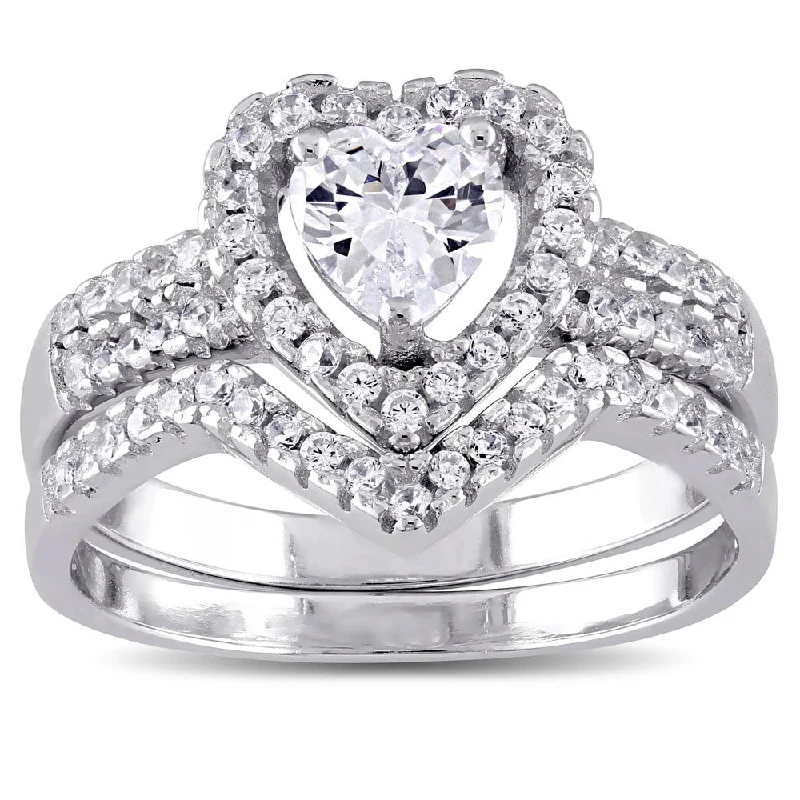 Miadora Sterling Silver Cubic Zirconia Bridal Heart Halo Wedding Ring Set - White