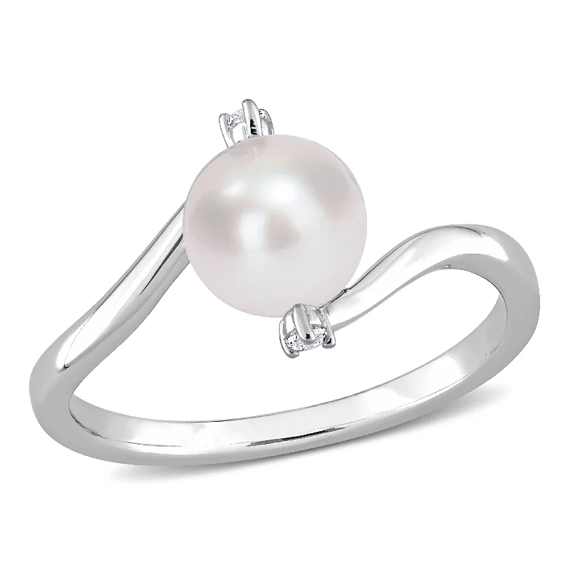 Miadora Sterling Silver Cultured FW Pearl & Created White Sapphire 3-Stone Bypass Ring (7-7.5mm)