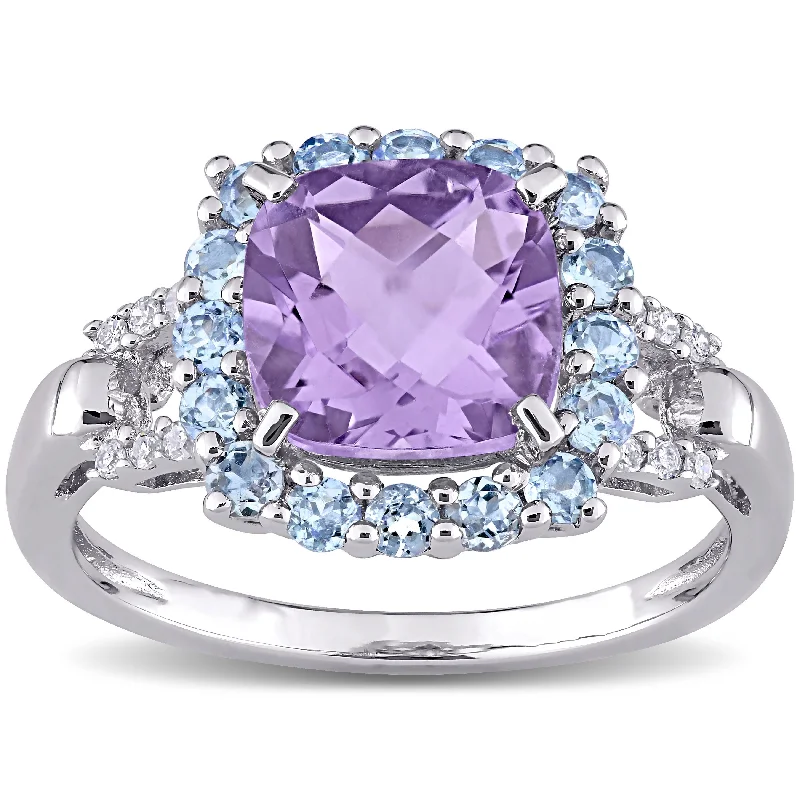 Miadora Sterling Silver Cushion-cut Amethyst, Tanzanite and Diamond Ring