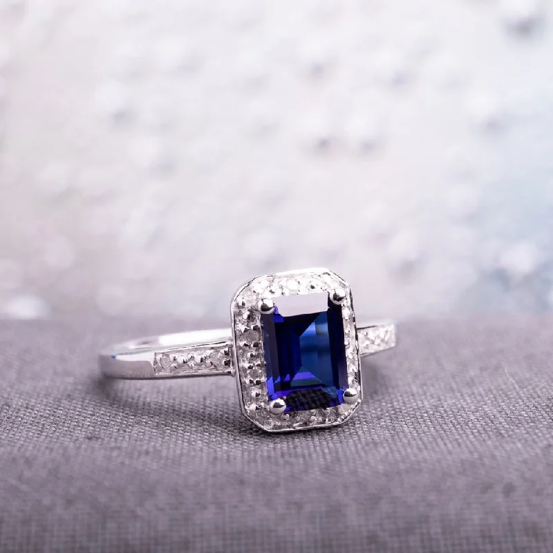 Miadora Sterling Silver Emerald-cut Created Sapphire and Diamond Ring