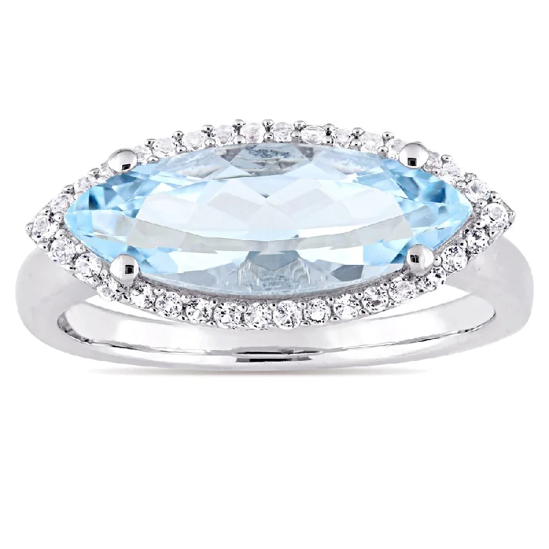 Miadora Sterling Silver Marquise-Cut Sky-Blue Topaz and White Topaz Halo Cocktail Ring