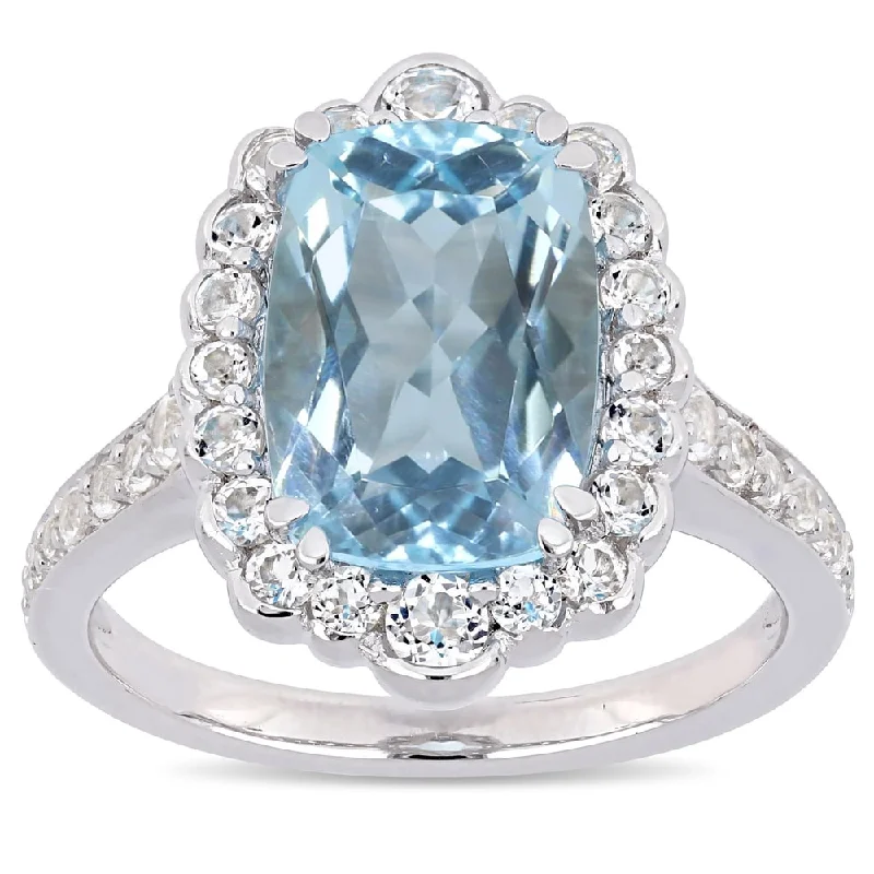 Miadora Sterling Silver Sky-Blue and White Topaz Halo Cocktail Ring