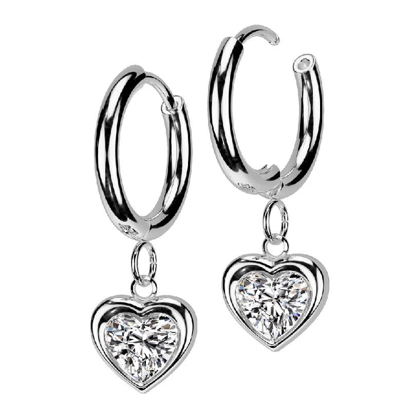 SS316L Hinge Hoop Earrings with Jewelled Heart Dangle (1 pair) - ER12