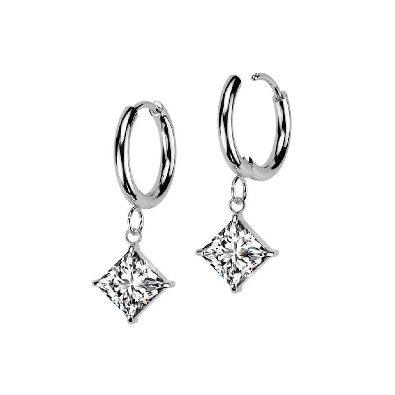 SS316L Hinge Hoop Earrings with Jewelled Prong Set Diamond Dangle (1 pair) - ER11