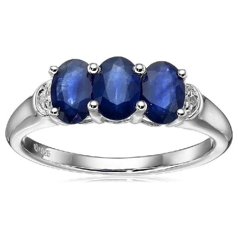 Sterling Silver 1.86ctw Blue Sapphire & Diamond 3-Stone Band Ring