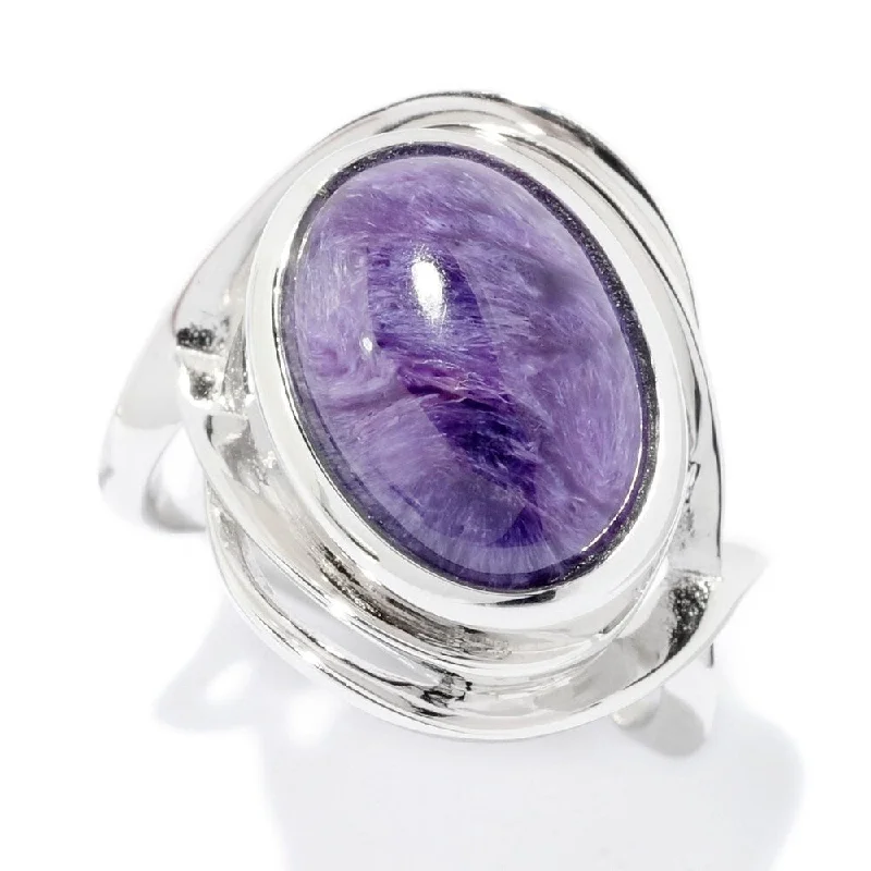 Sterling Silver 14 x 10mm Oval Charoite Fancy Shank Ring