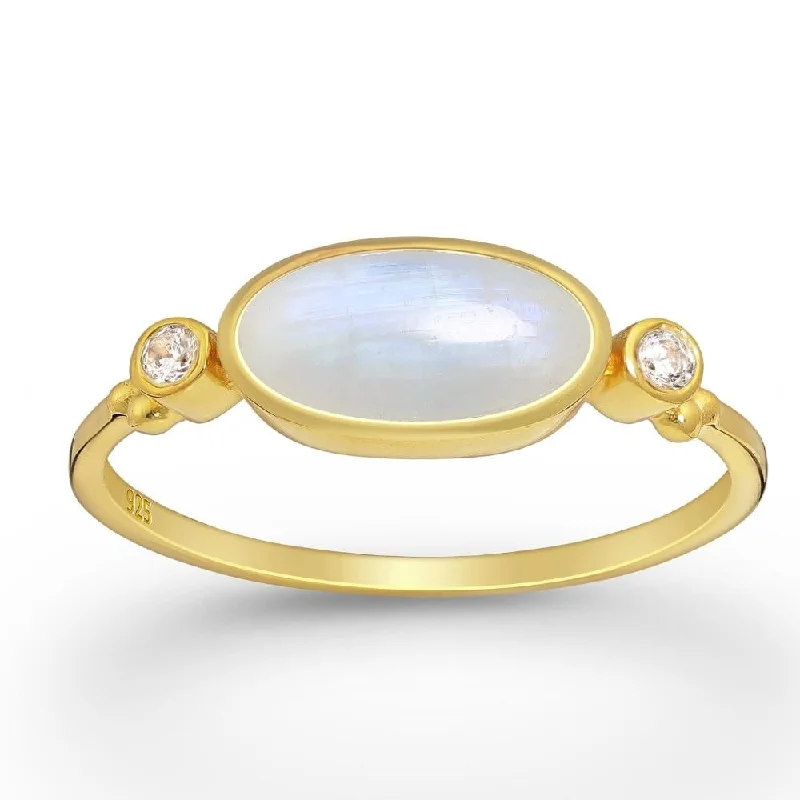 Sterling Silver 18kt Gold Plated CZ & Rainbow Moonstone Elongated Oval Ring