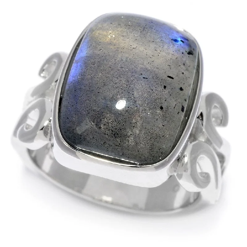 Sterling Silver Cushion Shaped Labradorite Scrollwork Ring