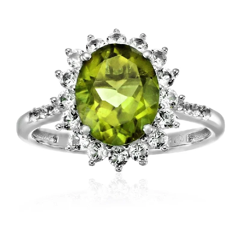 Sterling Silver Peridot & White Sapphire Engagement Halo Engagement Ring Size - 7