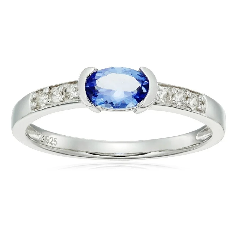 Sterling Silver Tanzanite and Natural White Zircon Ring, Size 7 - Blue