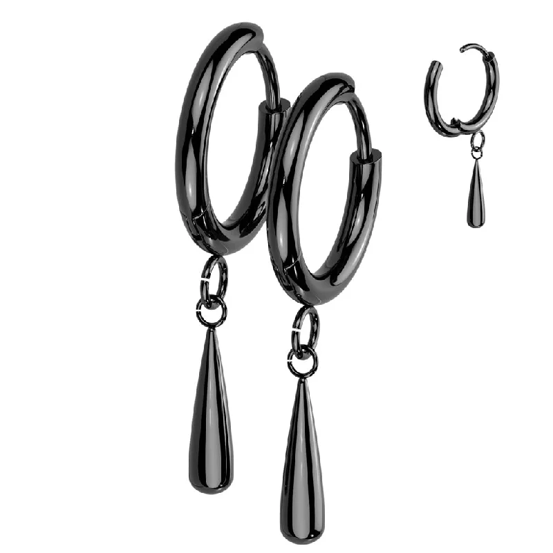 Titanium Black Hinged Hoop Earrings with Teardrop Dangle (1 pair) - TI-186B