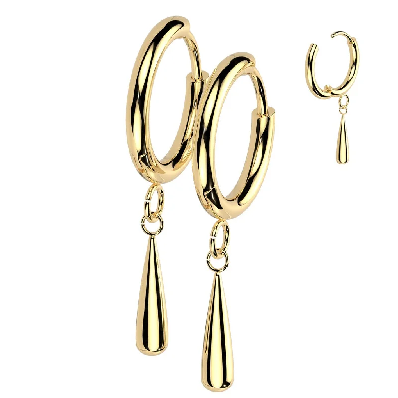 Titanium Gold Hinged Hoop Earrings with Teardrop Dangle (1 pair) - TI-186A