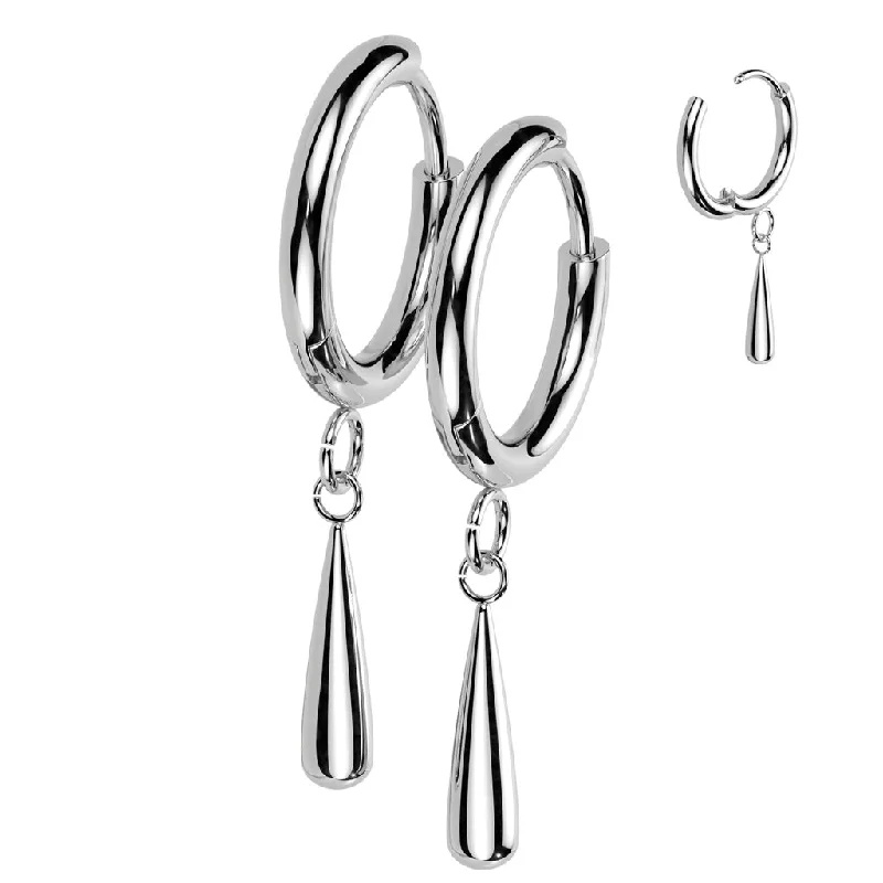 Titanium High Polish Hinged Hoop Earrings with Teardrop Dangle (1 pair) - TI-186