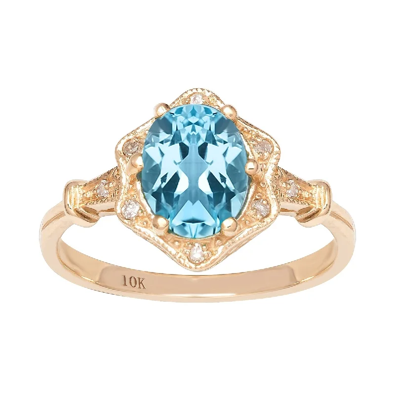 Viducci 10k Yellow Gold Vintage Style Genuine Oval Blue Topaz and Diamond Halo Ring