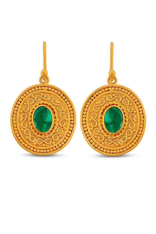 Wire and Granulation Earrings with Cabochon Emerald