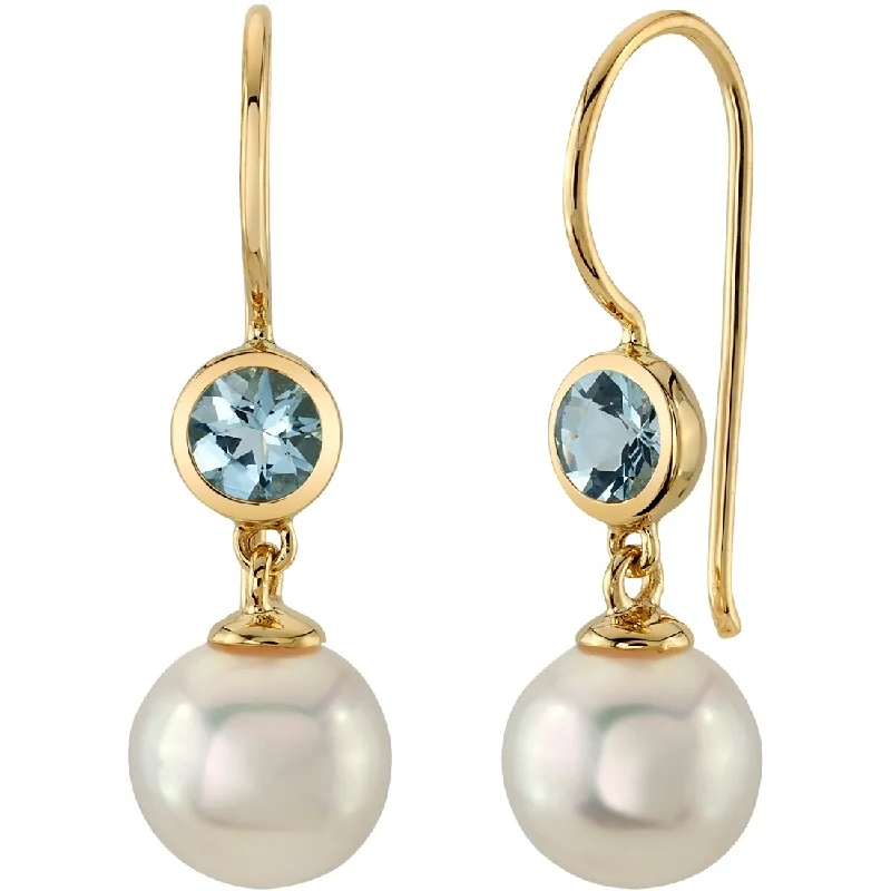 14k Yellow Gold Freshwater Pearl and Aquamarine Birthstone Drop Earrings