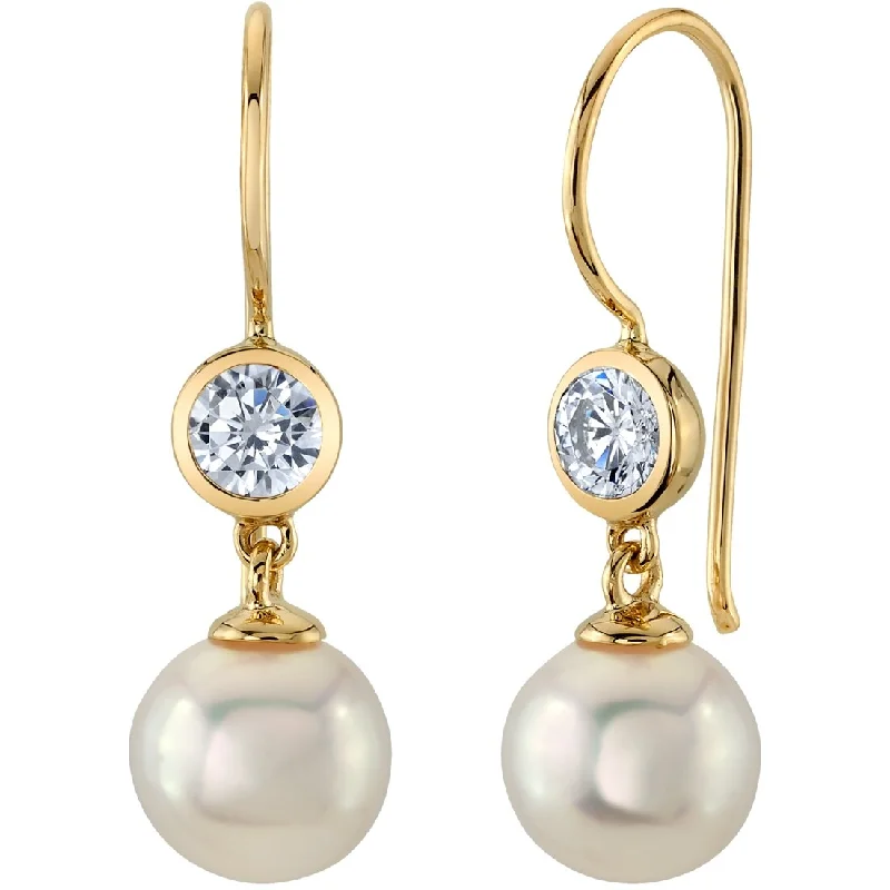 14k Yellow Gold Freshwater Pearl and Cubic Zirconia Birthstone Drop Earrings