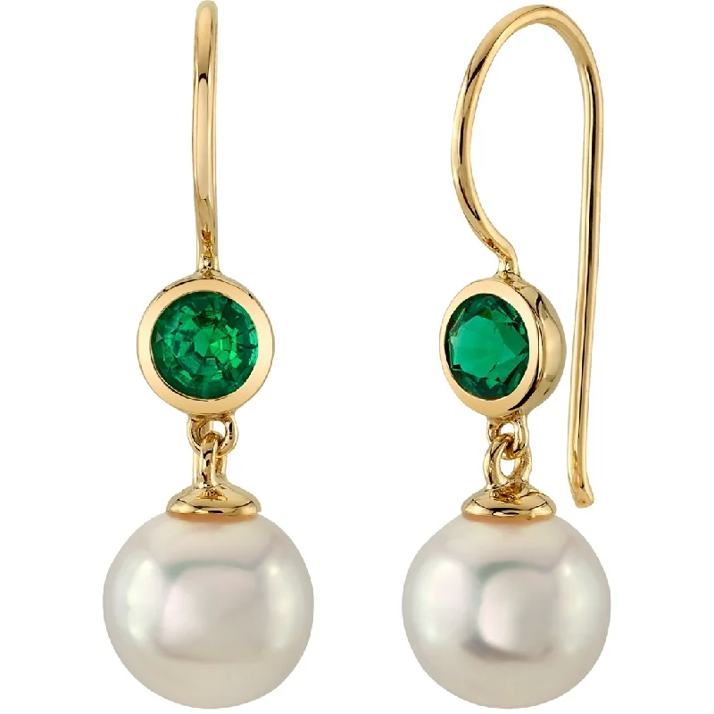 14k Yellow Gold Freshwater Pearl and Emerald Birthstone Drop Earrings