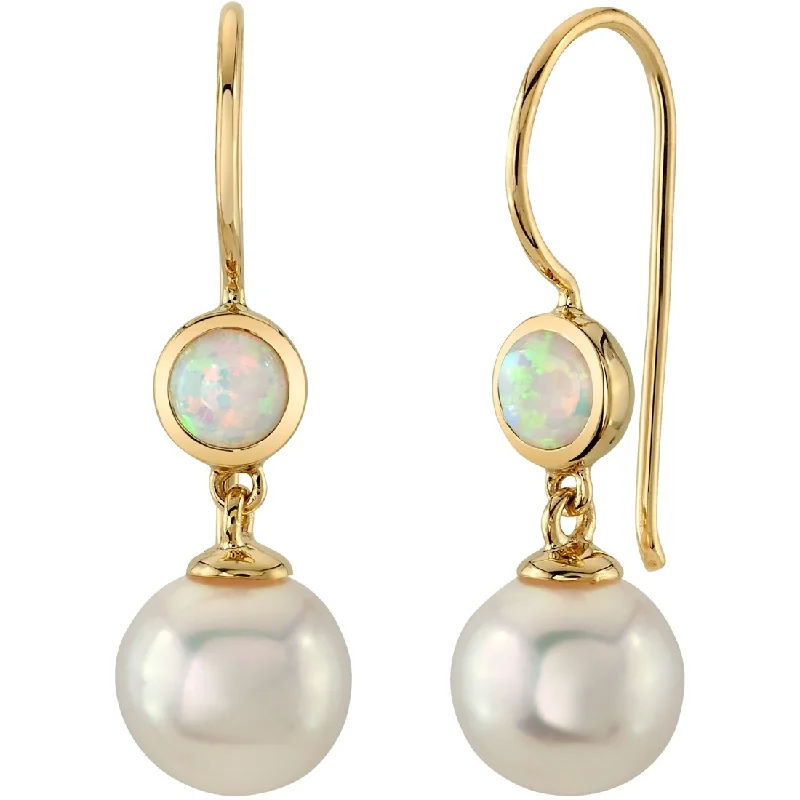 14k Yellow Gold Freshwater Pearl and Opal Birthstone Drop Earrings