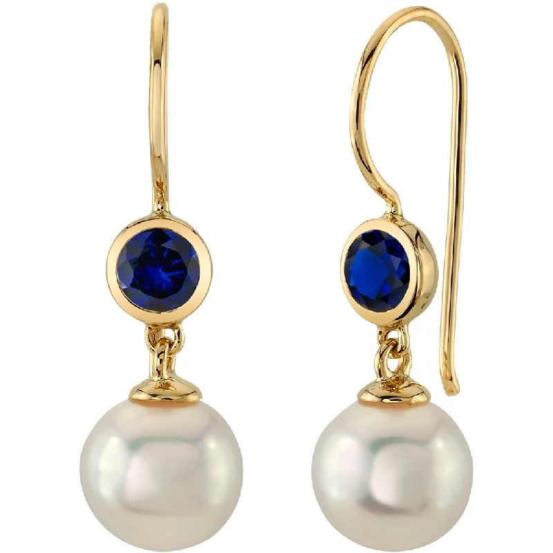 14k Yellow Gold Freshwater Pearl and Sapphire Birthstone Drop Earrings